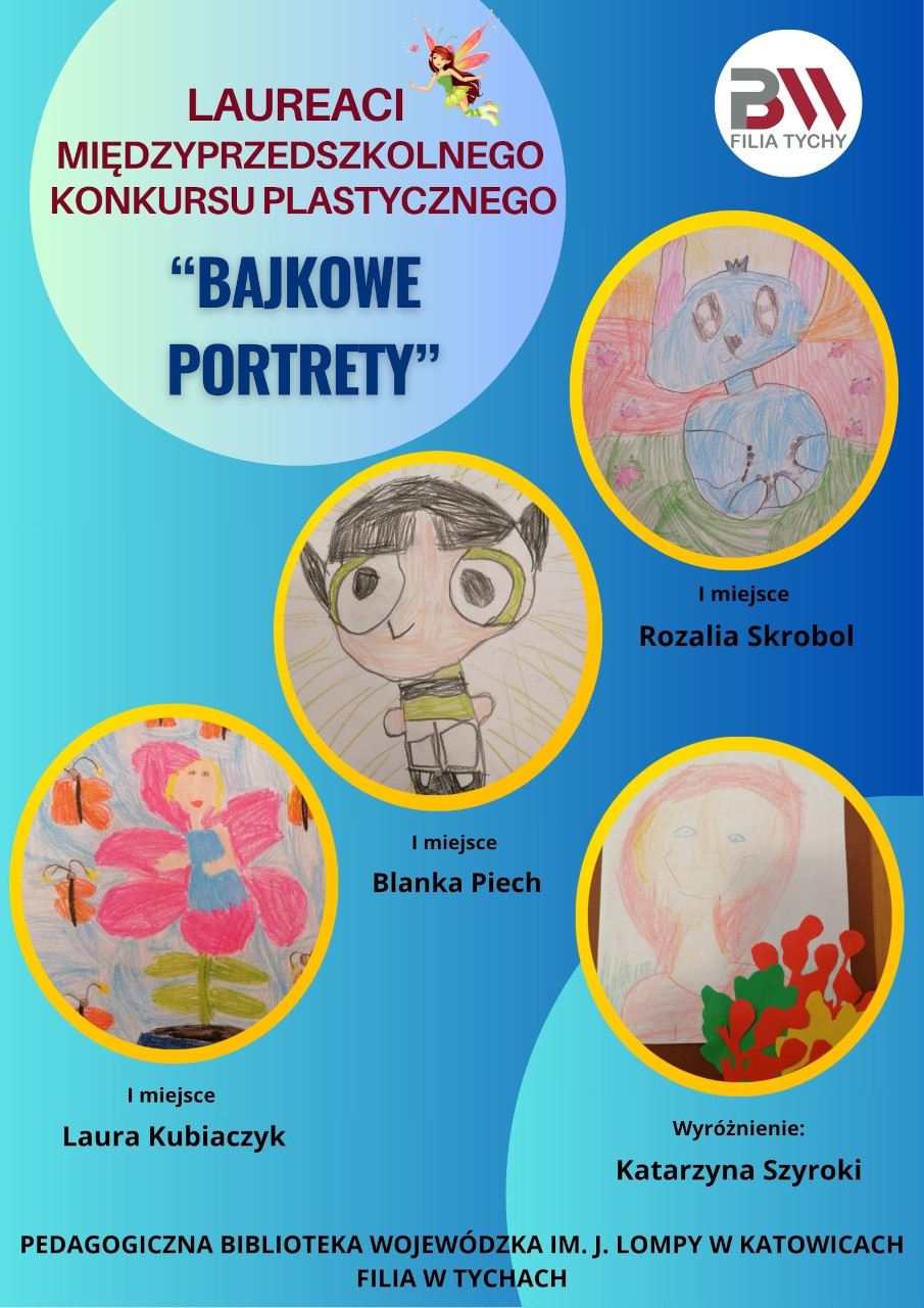 Plakat przedstawia prace laureatów konkursu bajkowe portrety
